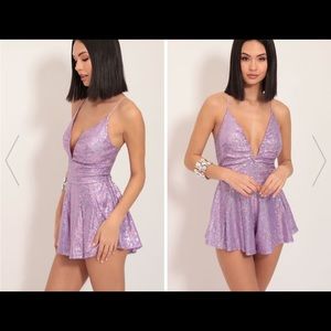 Iridescent sequence romper in lilac